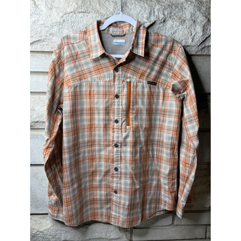 Columbia‎ Mens Plaid Long Sleeve Button Down Shirt Orange Grey Regular Fit S/P